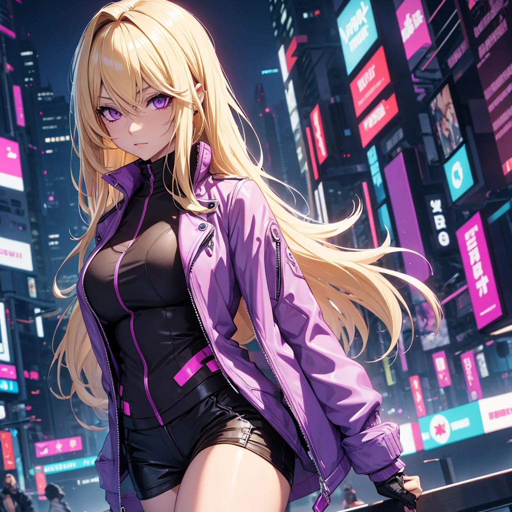 make a blonde character with purple eyes, and bank clothes, cyberpunk scenario