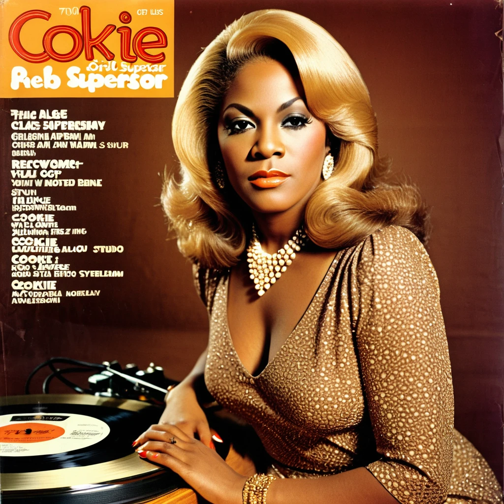 1girl,female r&b superstar,1970s style vinyl album cover,Cookie Eaton,Clock Out text,music,record album,retro,vintage,analog,warm colors,soft lighting,detailed dress,warm skin tones,confident expression,studio setting,classic album cover design,clean layout,typography,high contrast,grain texture,moody atmosphere