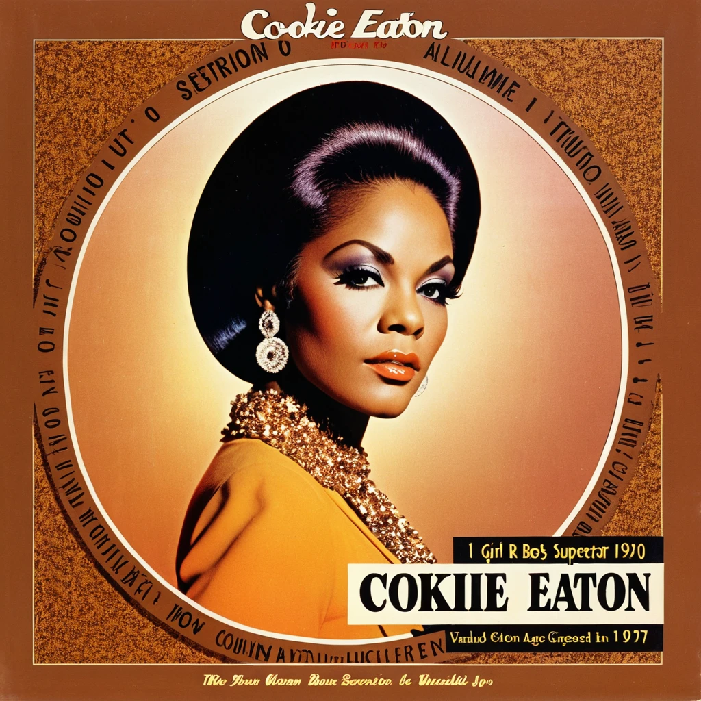 1girl,female r&b superstar,1970s style vinyl album cover,Cookie Eaton,Clock Out text,music,record album,retro,vintage,analog,warm colors,soft lighting,detailed dress,warm skin tones,confident expression,studio setting,classic album cover design,clean layout,typography,high contrast,grain texture,moody atmosphere