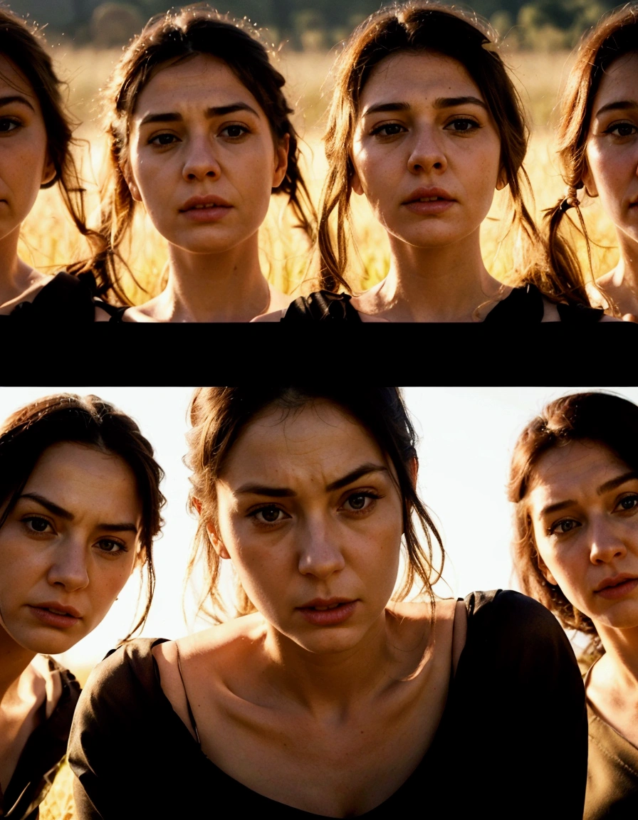 Realistic instagram photo.., detailed pretty faces, expressions of contempt and anger .Huge , three german women standing in a field, Soft natural volumetric light, cinematographic, perfect light, low view