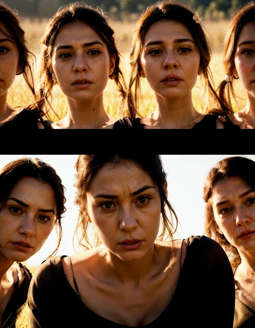Realistic instagram photo.., detailed pretty faces, expressions of contempt and anger .Huge , three german women standing in a field, Soft natural volumetric light, cinematographic, perfect light, low view