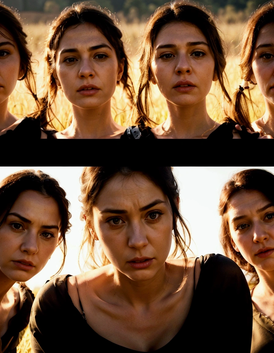 Realistic instagram photo.., detailed pretty faces, expressions of contempt and anger .Huge , three german women standing in a field, Soft natural volumetric light, cinematographic, perfect light, low view