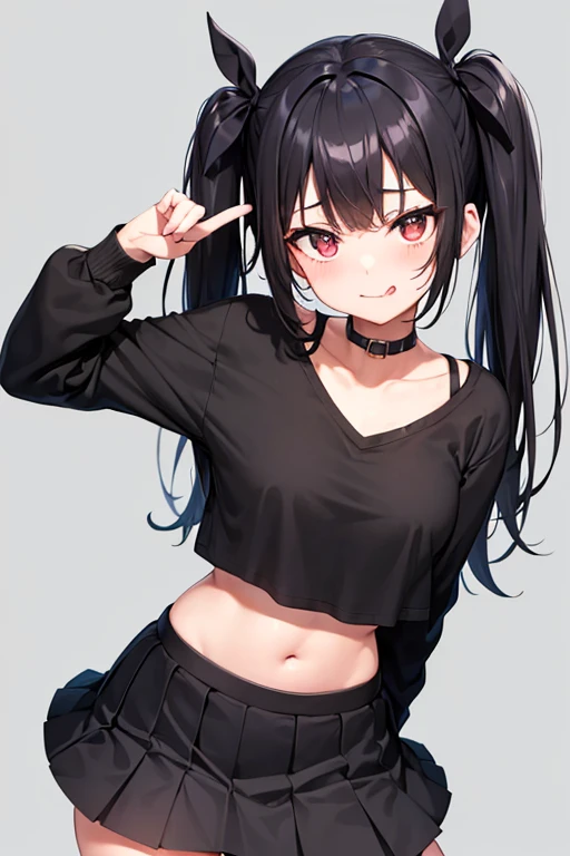 a cute mischievous girl with twin tails, black hair, slightly upturned eyes, wearing a with a skirt, , sticking out her tongue, low angle shot, lifting up her skirt to reveal her thighs
