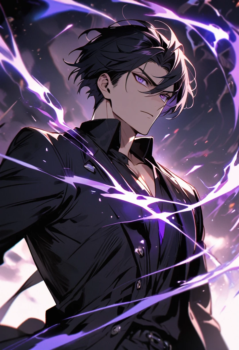handsome, alone, 1 man, short hair, black hair, purple eyes, black shirt, black coat, Lots of power