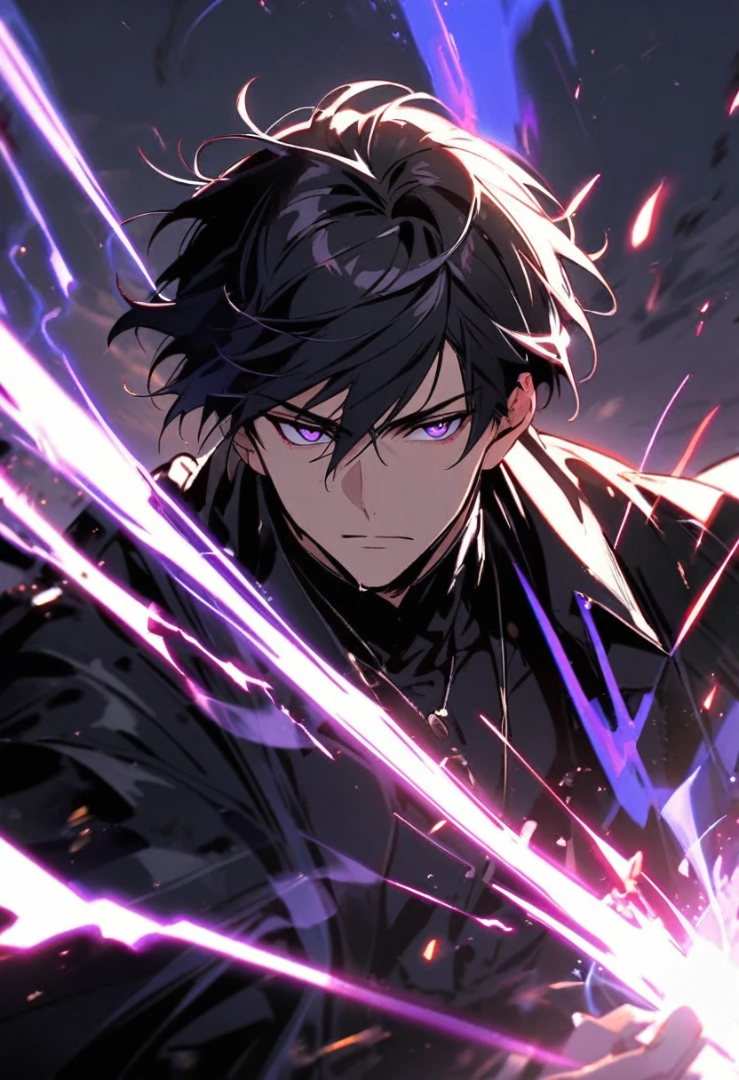 handsome, alone, 1 man, short hair, black hair, purple eyes, black shirt, black coat, Lots of power