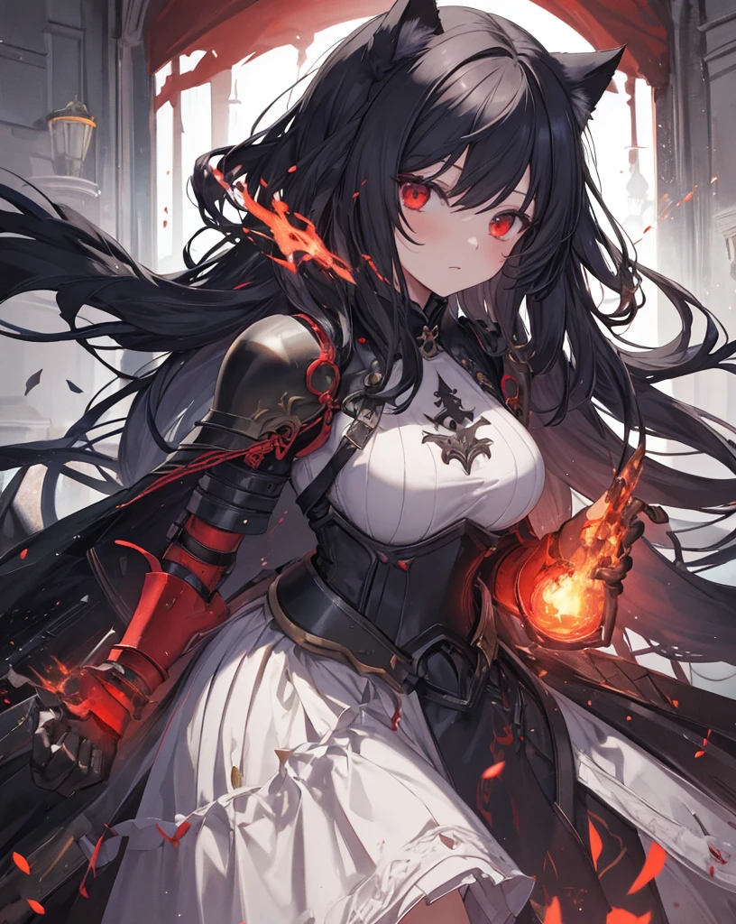masterpiece, 1catgirl, cat ears, White long hair, Red eyes, intricate Black armour, she is a dragon slayer. She won the fight. Damaged black and Red shirt over the armour. Portrait. Medium breast. Super detailed.