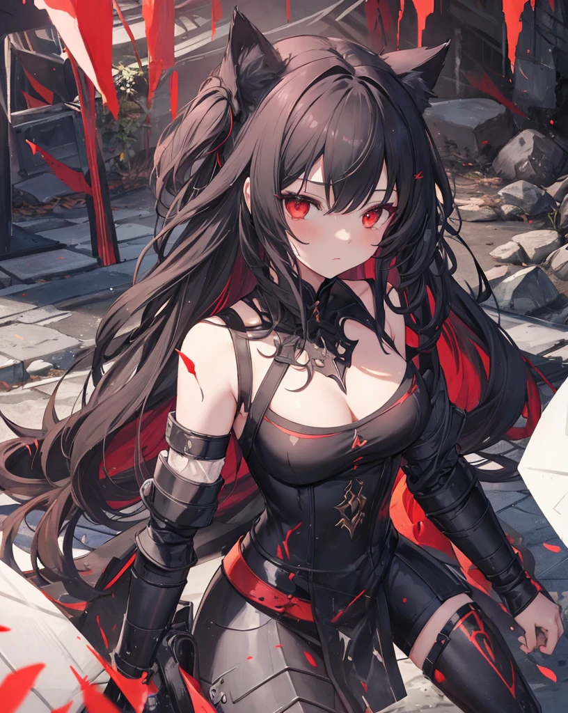 masterpiece, 1catgirl, cat ears, White long hair, Red eyes, intricate Black armour, she is a dragon slayer. She won the fight. Damaged black and Red shirt over the armour. Portrait. Medium breast. Super detailed.
