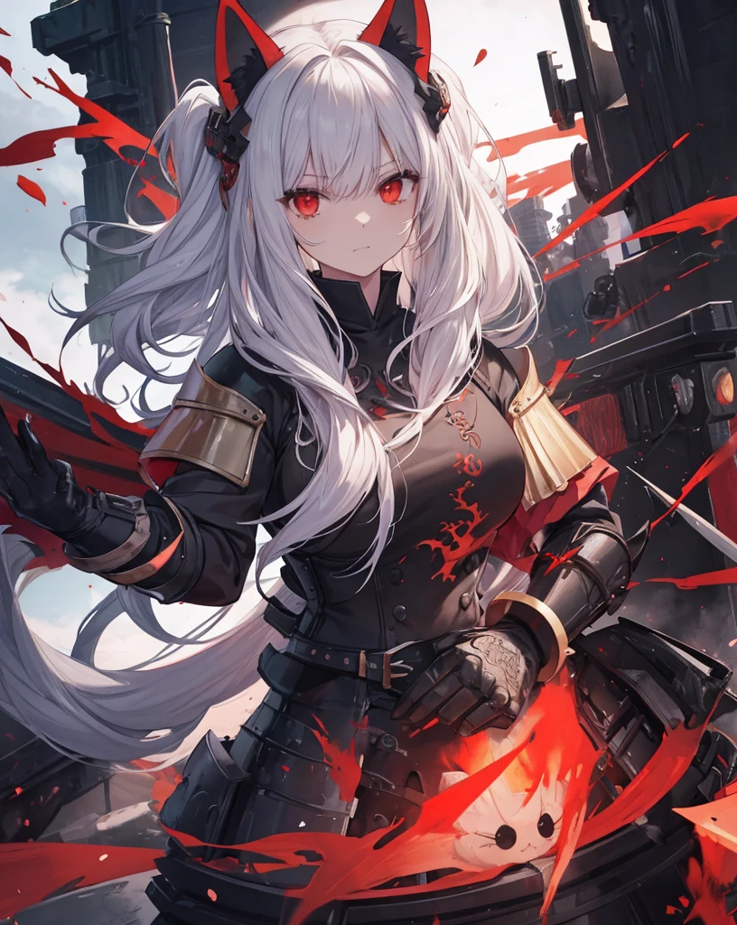 masterpiece, 1catgirl, cat ears, White long hair, Red eyes, intricate Black armour, she is a dragon slayer. She won the fight. Damaged black and Red shirt over the armour. Portrait. Medium breast. Super detailed. 