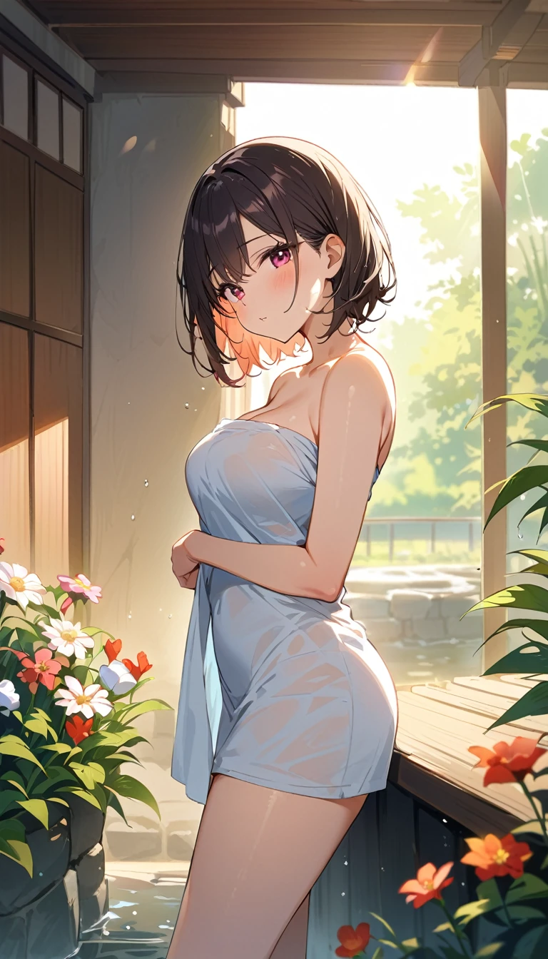 Highest quality, masterpiece, alone, 1 female、Age 25、(Soft Bust:1.2)、(Big Breasts)、(Slim figure)、(Naked Towel)、Nipples are visible,pubic hairが透ける,(View your viewers:1.2)、(Warm up in the hot springs)、Wet Hair、Wet Skin、(blush:1.2)、A shy smile、Mouth closed、(Large hot springs:1.2)、(vapor:1.2)、(Blur the background a lot to make the woman stand out)、(Background Flowers)、(The sunlight shines in)