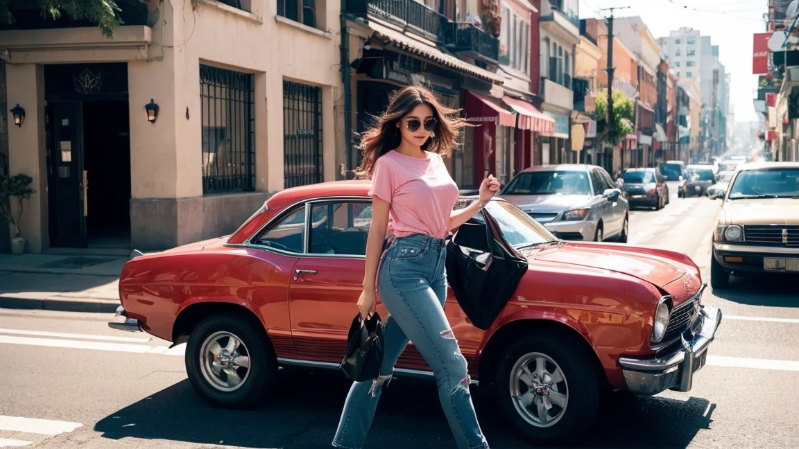 A view flow of a beautiful woman walking down a street., her pink t-shirt and faded blue jeans illuminated by the sun, a red car passing in the background, and a world of bright light.