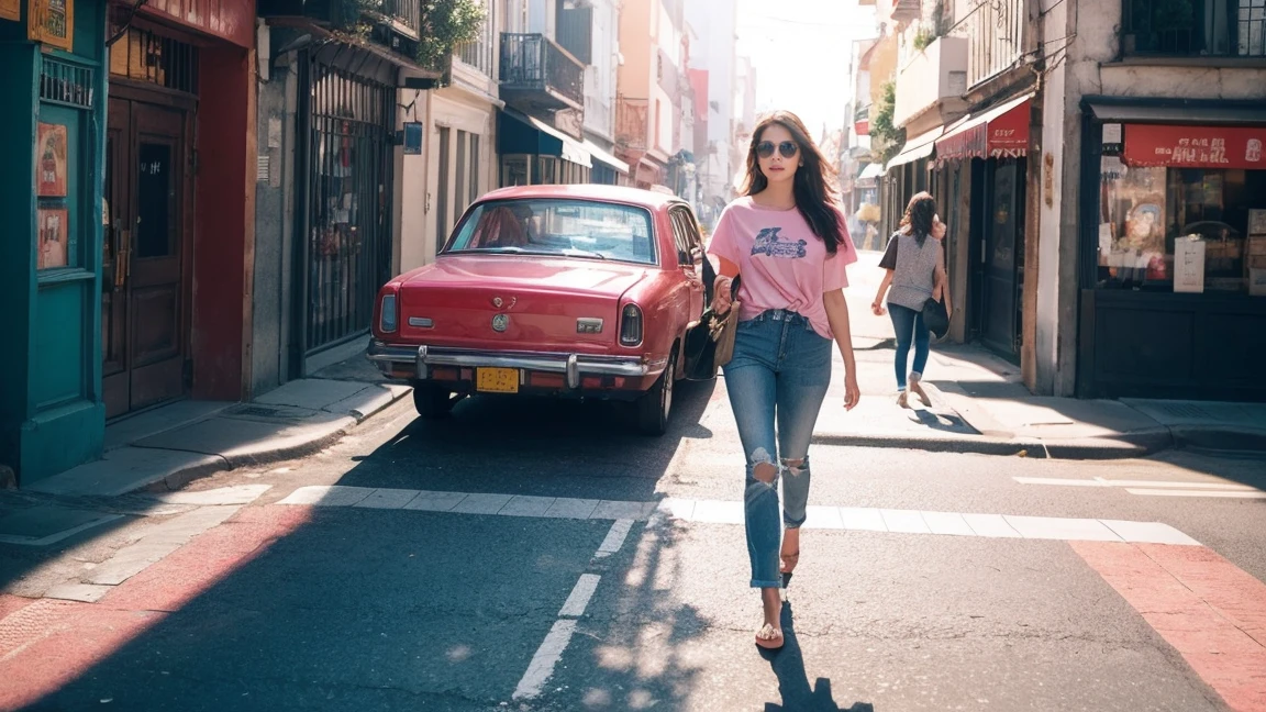 A view flow of a beautiful woman walking down a street., her pink t-shirt and faded blue jeans illuminated by the sun, a red car passing in the background, and a world of bright light.  