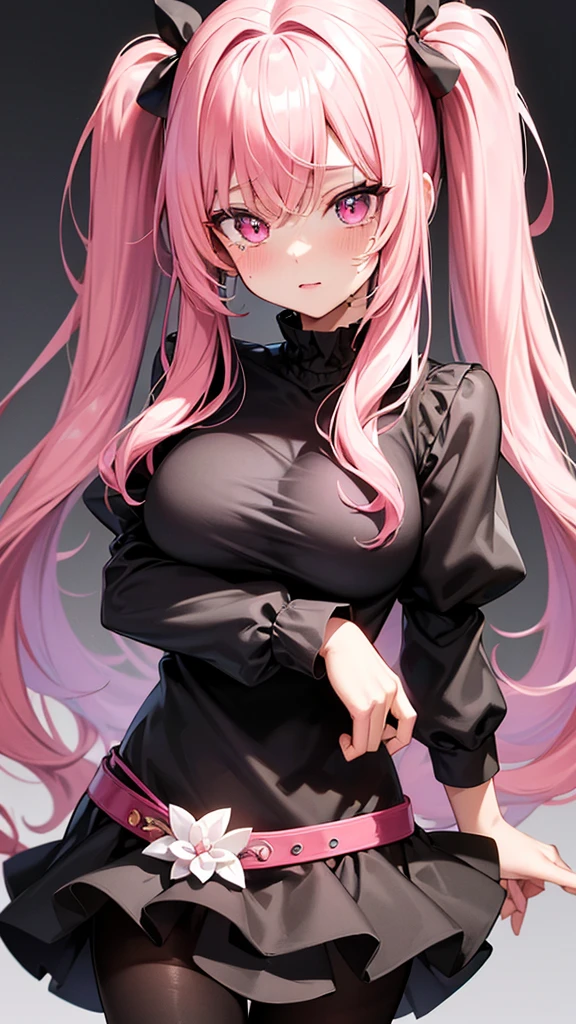 (Highest quality,Super detailed,girl),black tights,Pink Hair,Height: 160cm,cute,Pink Eyes,Twin tails,Big Breasts,She is wearing a black outfit and a pink skirt.,Her eyes are white and shining,Has bright white eyes,Crying face,