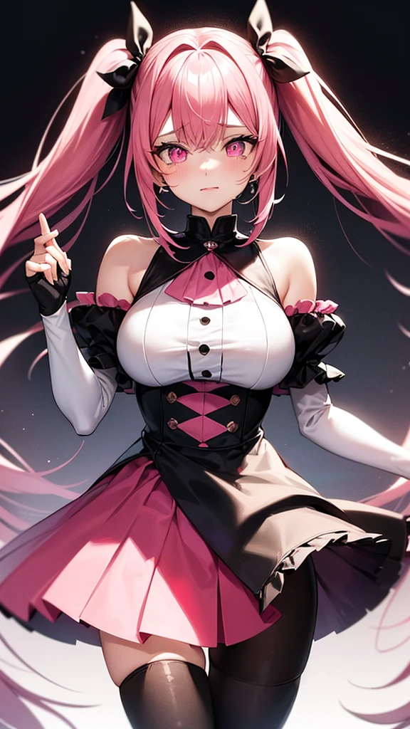 (Highest quality,Super detailed,girl),black tights,Pink Hair,Height: 160cm,cute,Pink Eyes,Twin tails,Big Breasts,She is wearing a black outfit and a pink skirt.,Her eyes are white and shining,Has bright white eyes,Crying face,