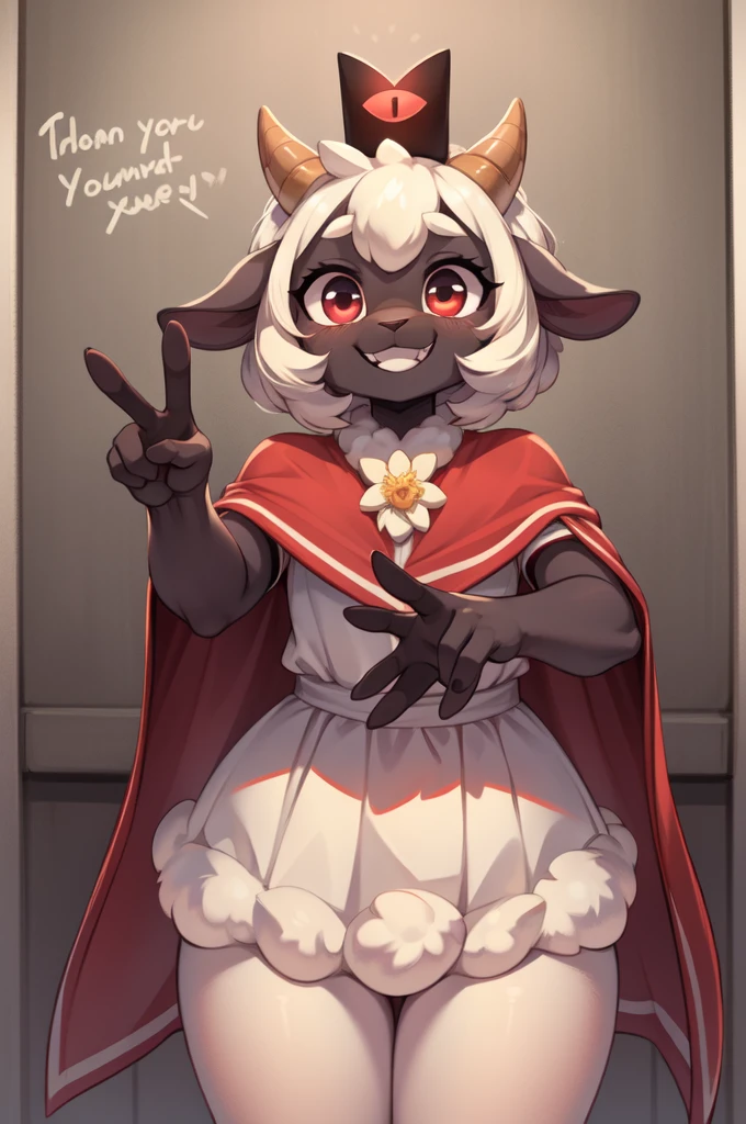 score_9, score_8_up, score_7_up, score_6_up, spacedoutflowers barbie_and_ken_mugshot_meme cult_of_the_lamb massive_monster_(studio) lamb_(cult_of_the_lamb) red_crown_(cult_of_the_lamb) bovid caprine mammal sheep english_text ambiguous_gender anthro clothed clothing gesture grin hand_gesture happy holding_object looking_at_viewer mugshot smile solo standing text v_sign