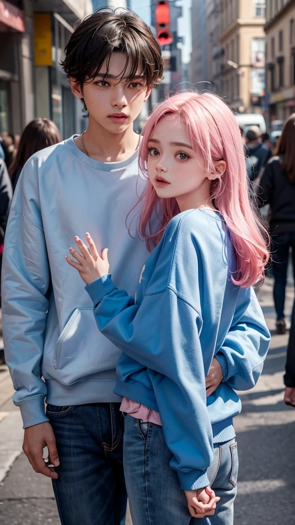 boy and girl holding hands. The boy in the blue sweatshirt and the name written text "Abel" written on the sweatshirt and the girl in the pink sweatshirt with the name Estela