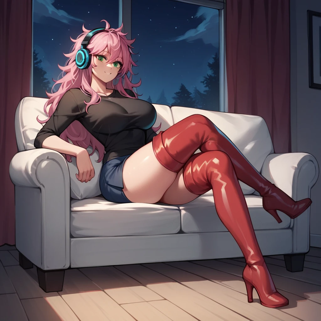 score_9, score_8_up, score_7_up, score_6_up, score_5_up, score_4_up, source_anime, 1girl, sit, sofa, headphones, pink hair, long hair, big breasts, green eyes, messy hair, listening music, wardrobe, crossed legs, black shirt, skirt, thigh high boots, red boots, heels, night, room, best quality, best res, 4K UHD,
