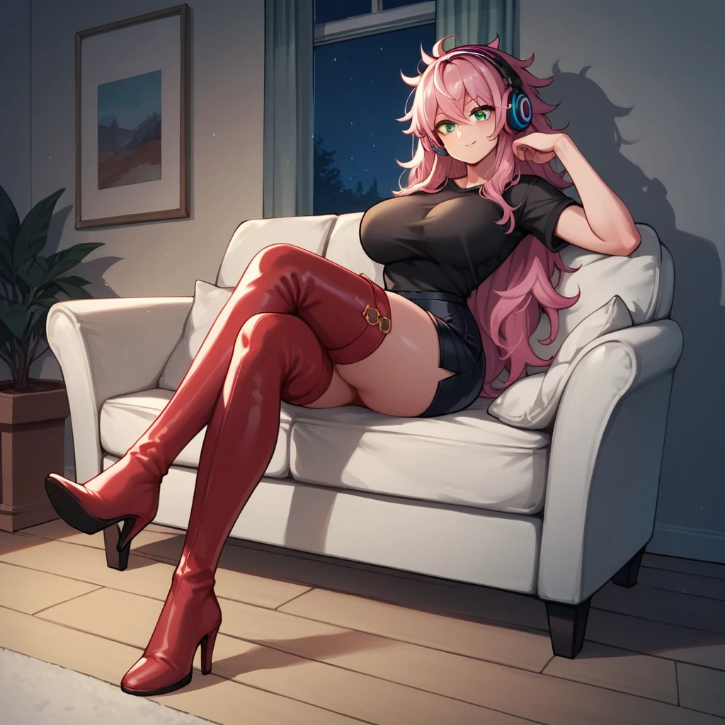 score_9, score_8_up, score_7_up, score_6_up, score_5_up, score_4_up, source_anime, 1girl, sit, sofa, headphones, pink hair, long hair, big breasts, green eyes, messy hair, listening music, wardrobe, crossed legs, black shirt, skirt, thigh high boots, red boots, heels, night, room, best quality, best res, 4K UHD,