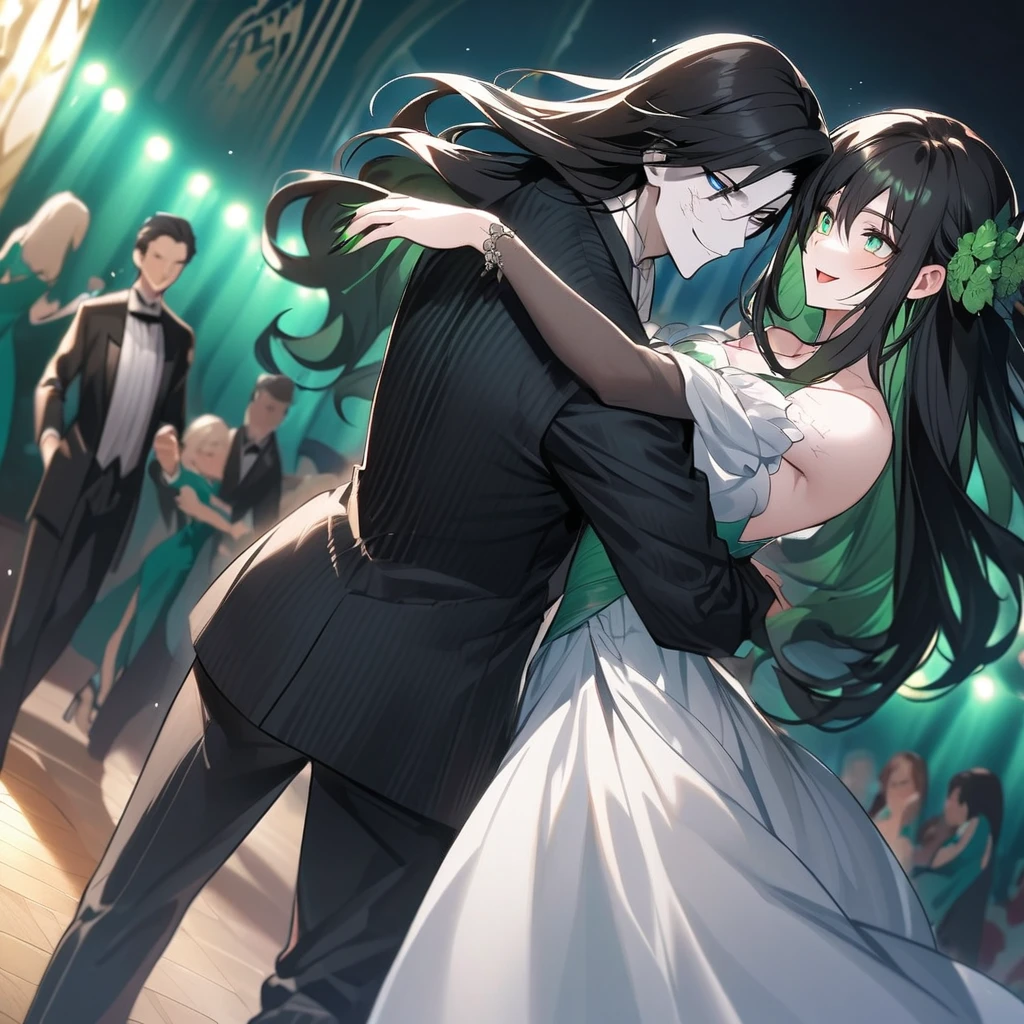 A young girl with long hair and bright green eyes. A pale skin with some scars on the face, sharp nails with a smile wearing evening clothes while dancing with a tall guy with fair skin and black hair and blue eyes wearing evening clothes too