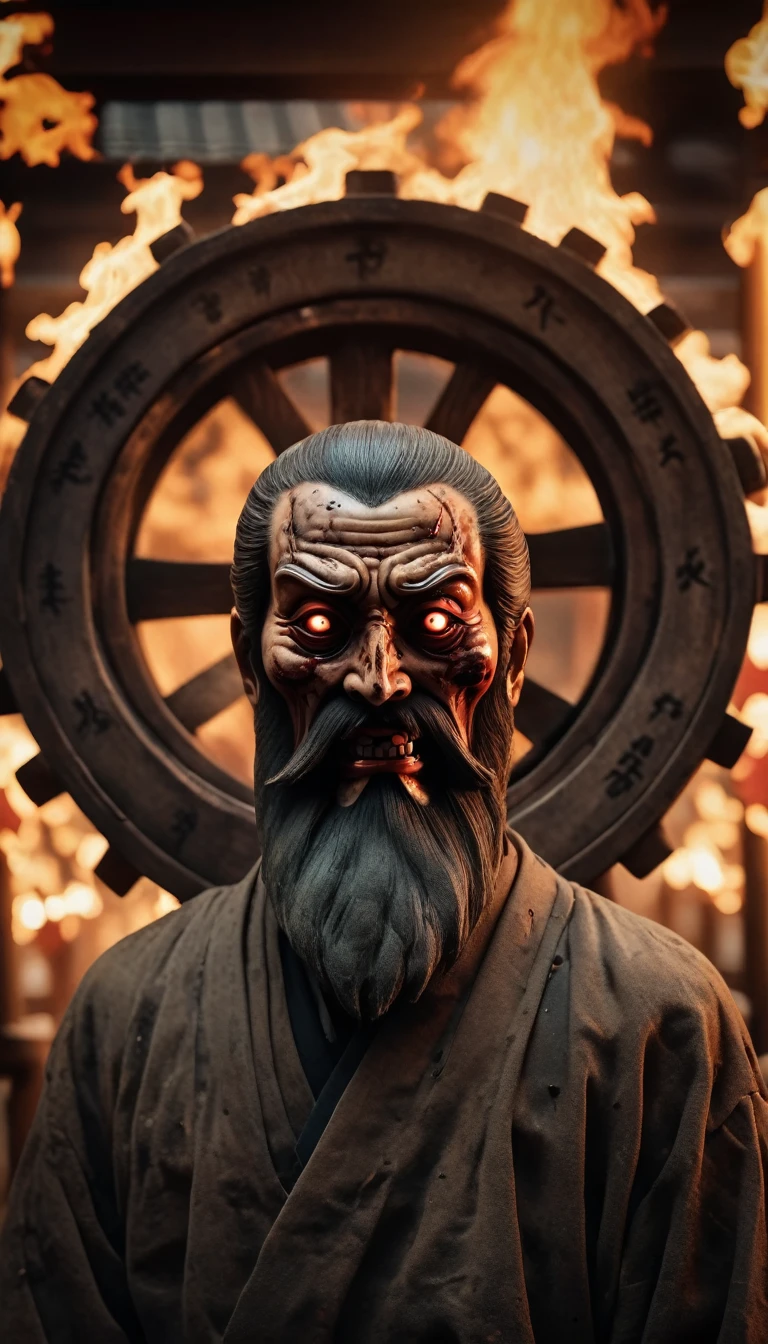 8k,Horror movie photos,Face in the Wheel,The wheels are on fire,A severed head in the middle of the wheel,No body,Beard on face,The background is a Japanese shrine,Shallow depth of field, Vignette, Very detailed, High budget, Bokeh, CinemaScope, Sulky, amazing, nice, Film Grain, Creepy, Anxious, dark, Creepyな, Suspenseful, strict, Very detailed 情報