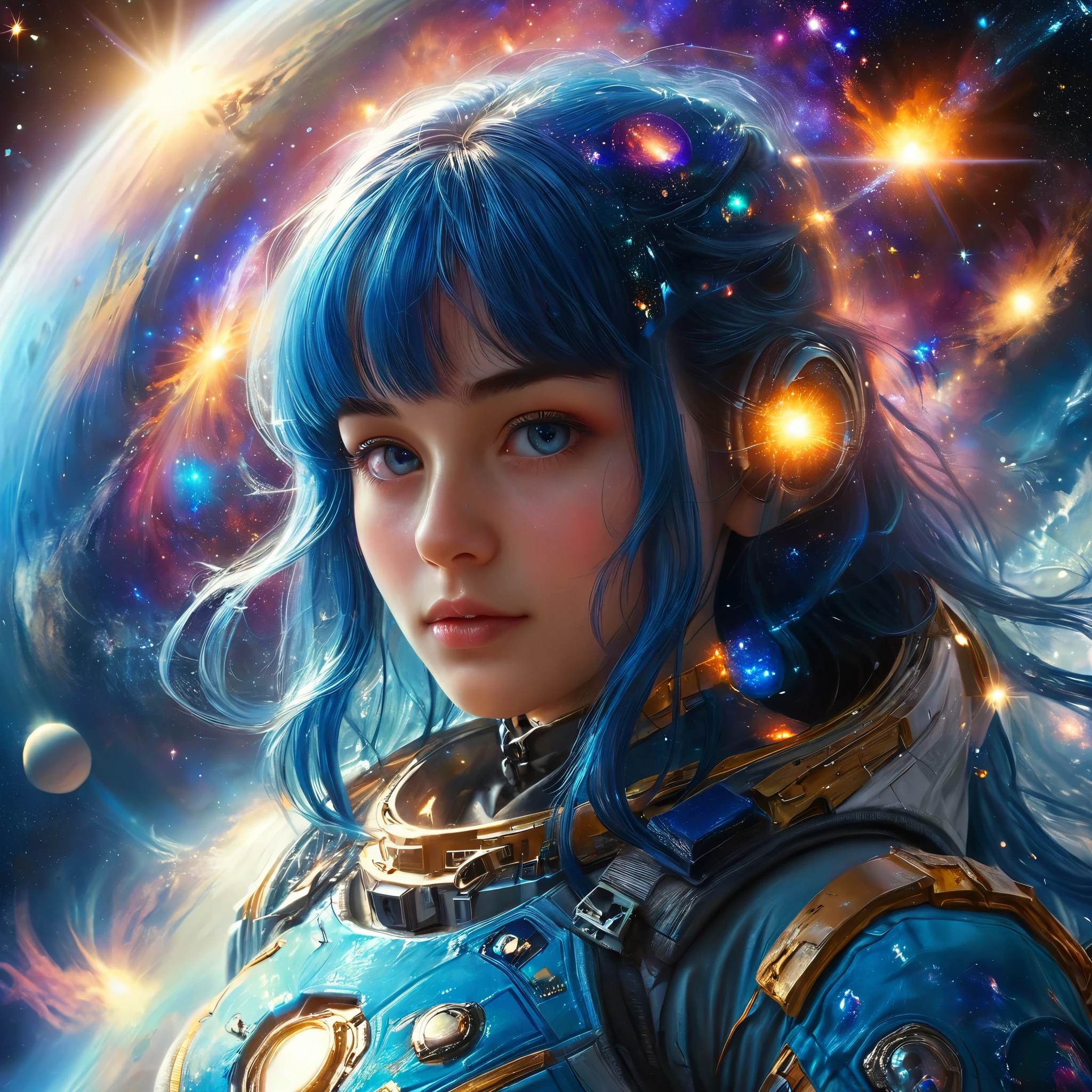 a photo of a handsome girl with long blue hair,  bangs, and detailed face looking at the viewer, stunning detailed portrait of anesimar flying in space, detailed galaxy and planets, 4k, best quality, extremely detailed, masterpiece, realistic, photo-realistic, ultra-fine painting, vivid colors, studio lighting