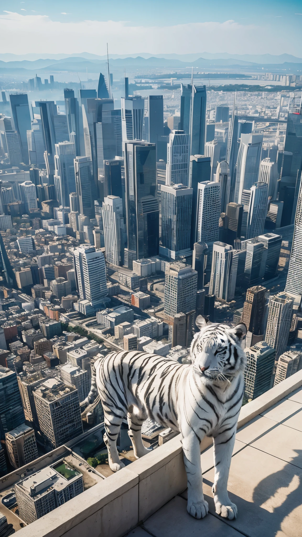 A huge white tiger guards a city,Compared with the city