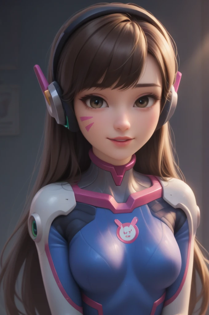 score_9, score_8_up, score_8, , (masterpiece, best quality, highres:1.2), (intricate and beautiful:1.2), (beautiful detailed eyes:1.2), detailed light, (soft lighting, side lighting, reflected light), (upper body portrait), (centered), (award winning composition), 1girl, 22 years old, d.va, looking at viewer, wide smile, parted lips, light freckles, long hair, brown hair, headphones, whisker markings, shoulder pads, blue bodysuit, ribbed bodysuit, animal print, clothes writing, long sleeves, white gloves, medium breasts, (skindentation), pale, (lustrous skin) head tilt, sitting, (v arms, hands between legs, breasts squeezed together), (simple dark background:1.2) ,disney pixar style