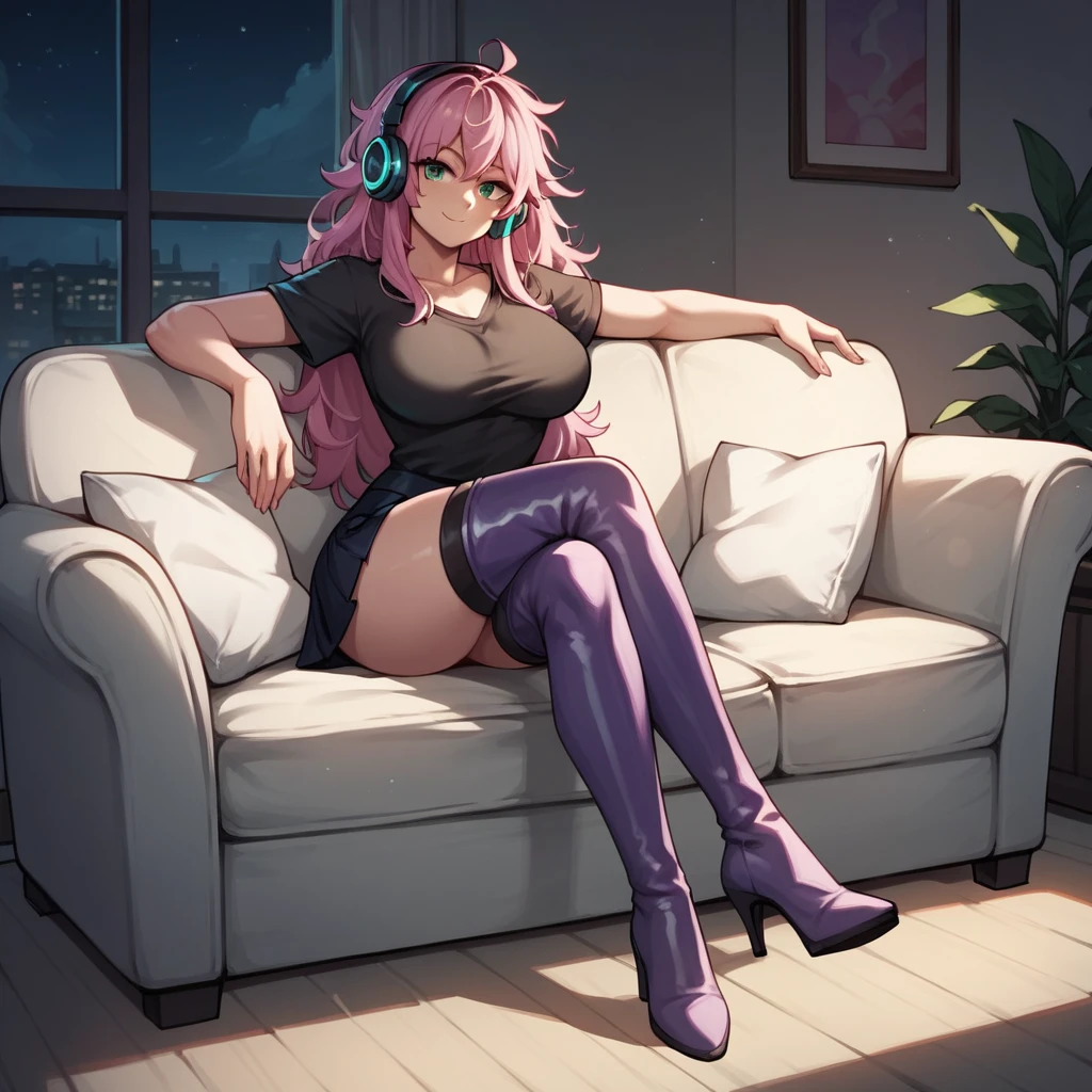 score_9, score_8_up, score_7_up, score_6_up, score_5_up, score_4_up, source_anime, 1girl, sit, sofa, headphones, pink hair, long hair, big breasts, green eyes, messy hair, listening music, wardrobe, crossed legs, black shirt, skirt, thigh high boots, purple boots, heels, night, room, best quality, best res, 4K UHD,