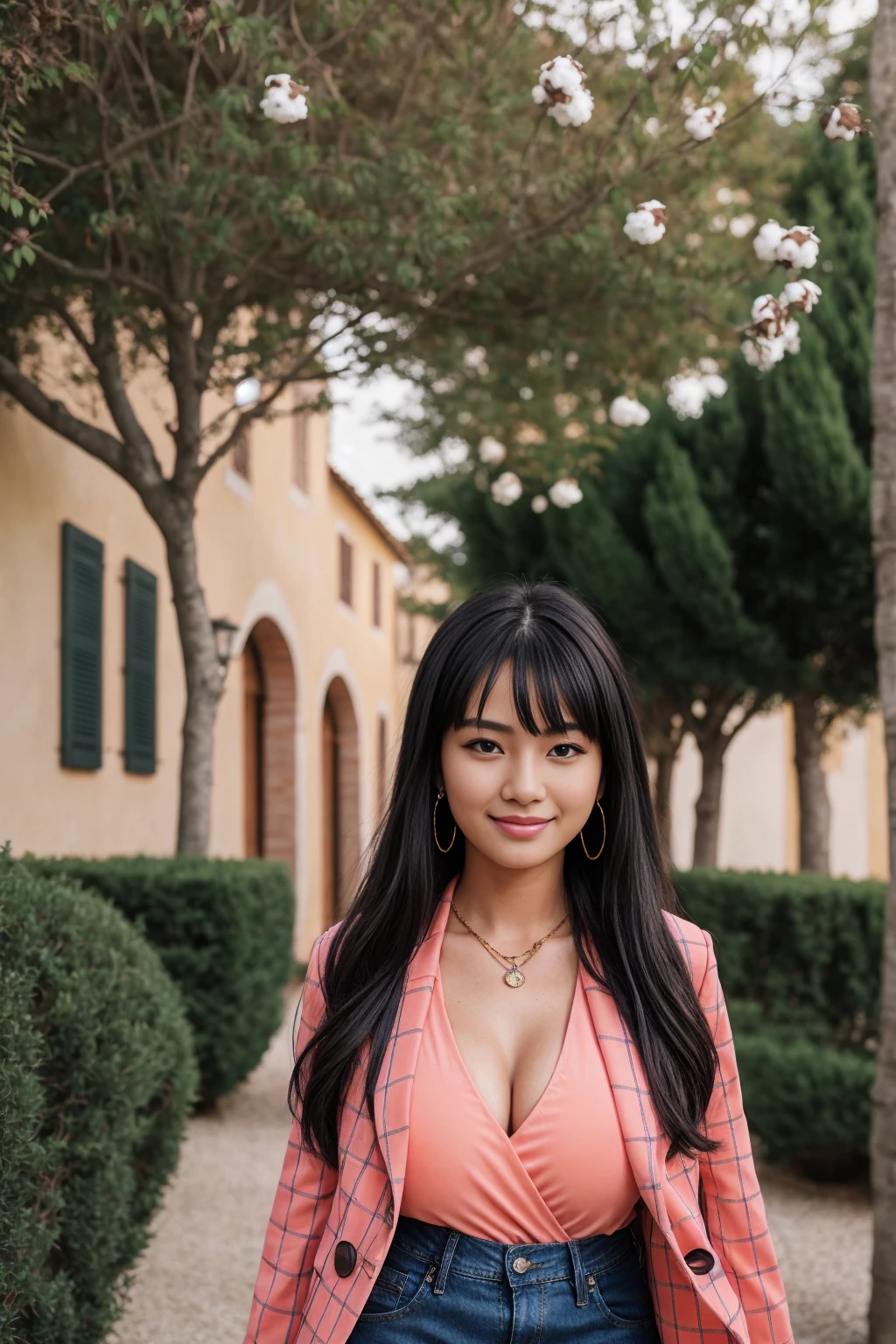 Half-length glamour portrait, nikon D850, f1.6 lens, 200mm, DSLR, 22 Megapixels, (((Gardens of a Tuscan villa scene))), shot of a stunning 19 years old korean girl, (smile:1.4), (wearing Dark coral Checked blazer with boyfriend jeans and cotton top:1.6), ((seductive pose)), hot girl, (((big natural breasts))), (((black fringe hair))), (small girl), symmetrical face, photorealistic, photography, (bright natural lighting), gorgeous, deep cleavage, (masterpiece), best quality, high resolution, extremely detailed, cinematic lighting, (((very narrow waist))), rich colors, hyper realistic, lifelike texture, ((jewelry)), (((She has beautiful hands and wears rings))), (bracelet), (necklace), (ankle chain), (nail polish) (earrings), Fuji Superia 200, 8k