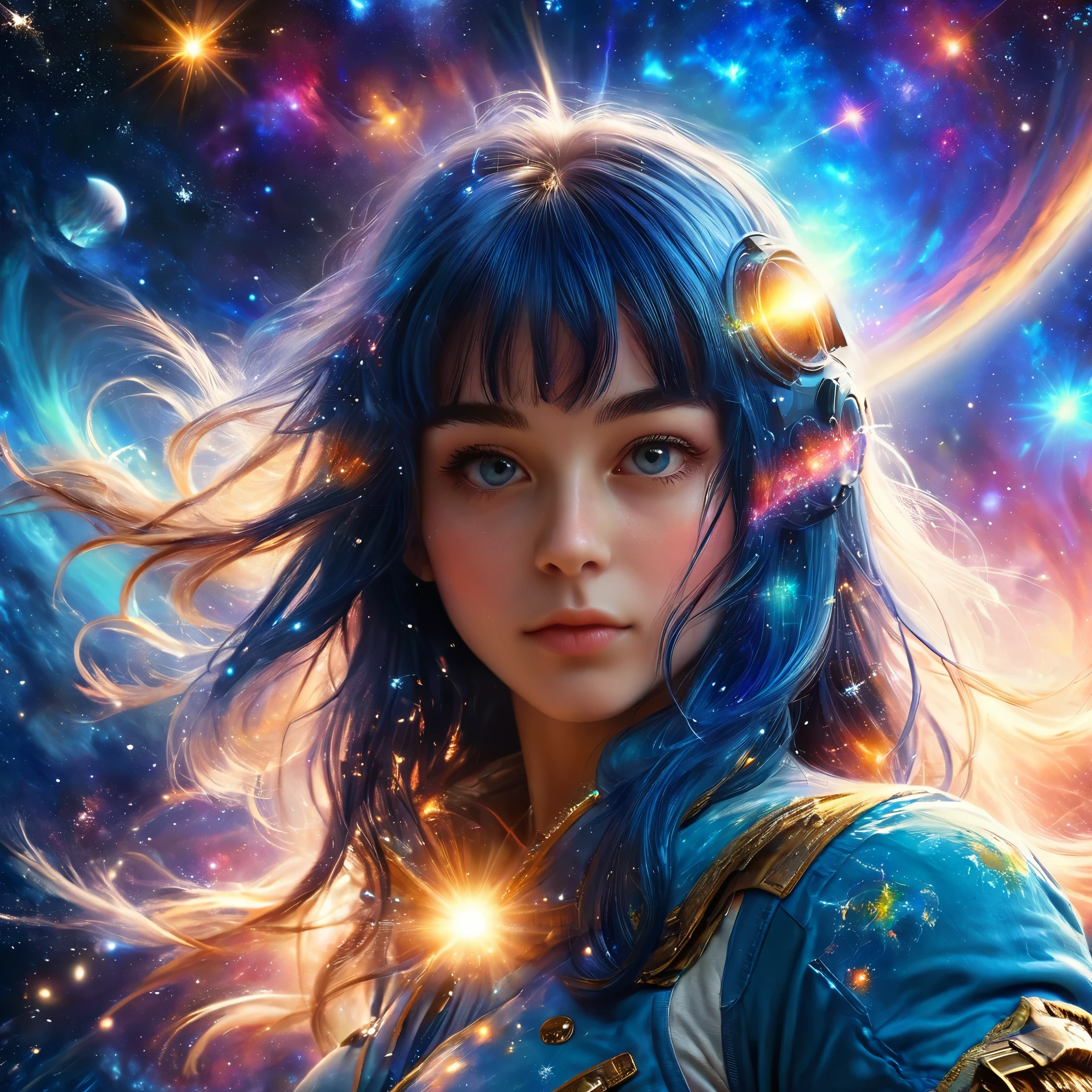a photo of a handsome girl with long blue hair, bangs, and detailed face looking at the viewer, stunning detailed portrait of anesimar flying in space, detailed galaxy and planets, 4k, best quality, extremely detailed, masterpiece, realistic, photo-realistic, ultra-fine painting, vivid colors, studio lighting