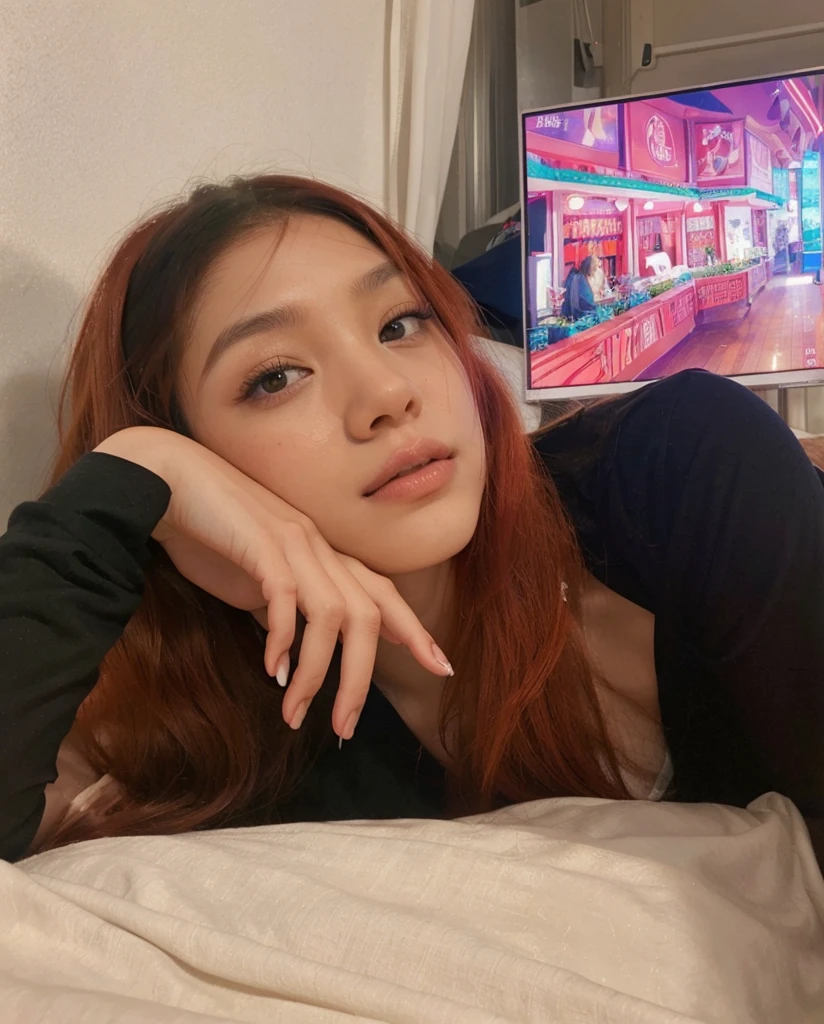 There is a woman lying down with her face in her hand, lalisa manobal, A woman young, she has long curly hair, the hime cut, with long red hair, with red hair, cabelo putridity brilhante, long bright red hair, putridity, she has red hair, Retrato de Asuka Langley Soryu, lalisa manobal, clear and beautiful skin, pale, delicate asian, Ulzzang kindness, long hair with bangs