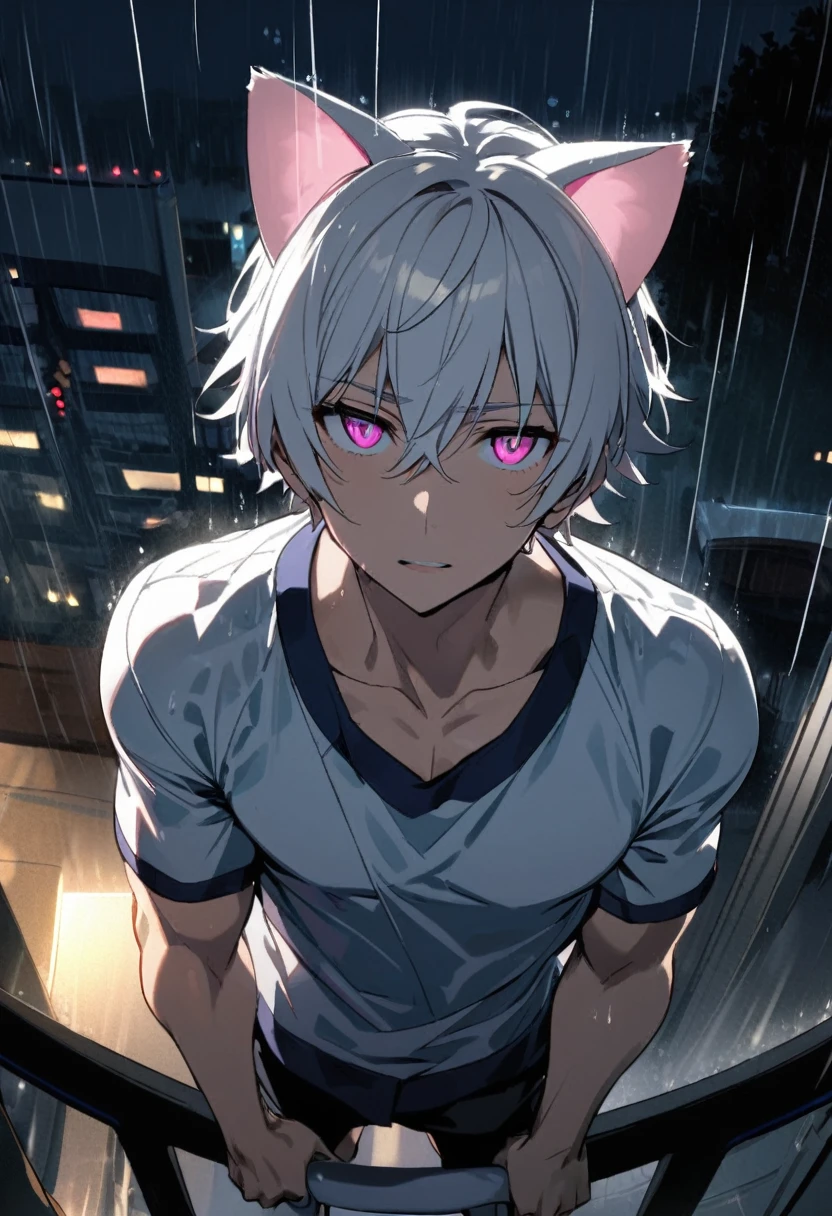 1 men, short white hair, pink eyes, Kitten ears, Hospital Clothes Slightly muscular body, at night, raining, view from above, I'm from a destroyed building, Bruised body