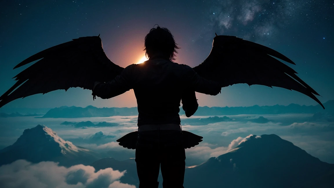 Rock singer falling into the void from the depths of the night. He has wings on his back, burned and broken