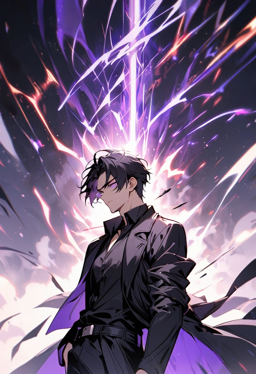 handsome, alone, 1 man, short hair, black hair, purple eyes, black shirt, black coat, Lots of power