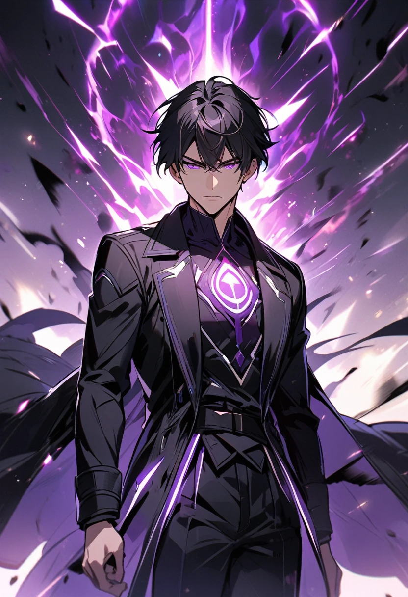 handsome, alone, 1 man, short hair, black hair, purple eyes, black shirt, black coat, Lots of power