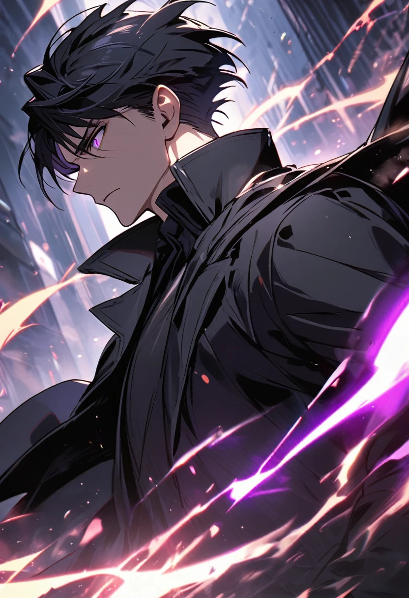 handsome, alone, 1 man, short hair, black hair, purple eyes, black shirt, black coat, Lots of power