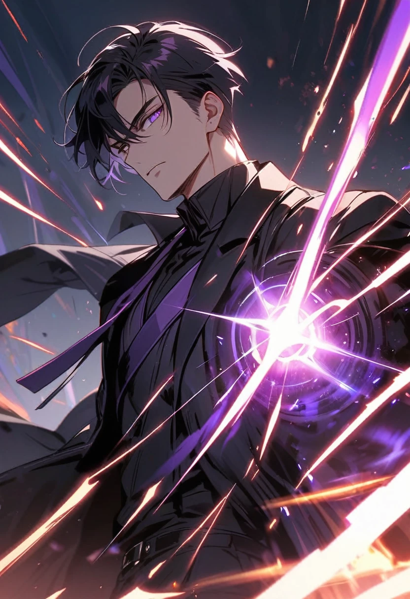 handsome, alone, 1 man, short hair, black hair, purple eyes, black shirt, black coat, Lots of power