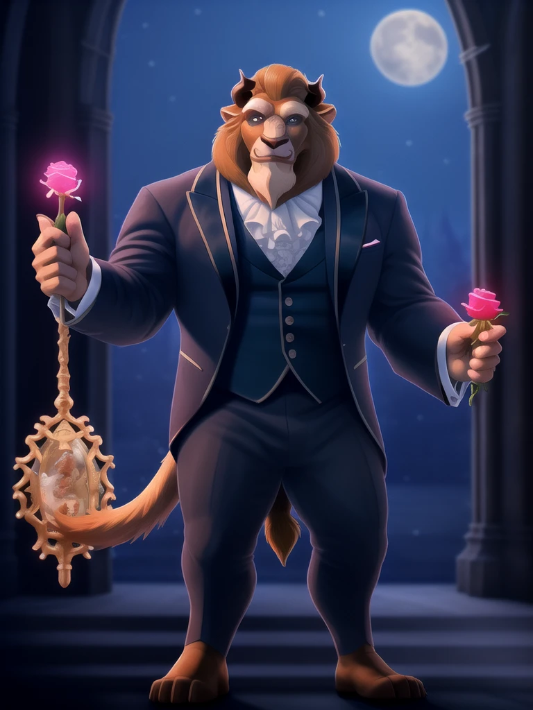 (photographic rendering:1.2), male, beast (disney), solo, front view, clothed, clothing, wearing victorian suit, suit, fancy, bottomwear, muscular, horn, tail, lion tail, cathedral, moonlight, night, rose, holding object