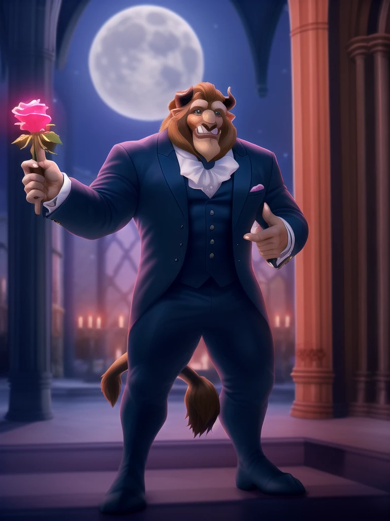 (photographic rendering:1.2), male, beast (disney), solo, front view, clothed, clothing, wearing victorian suit, suit, fancy, bottomwear, muscular, horn, tail, lion tail, cathedral, moonlight, night, rose, holding object