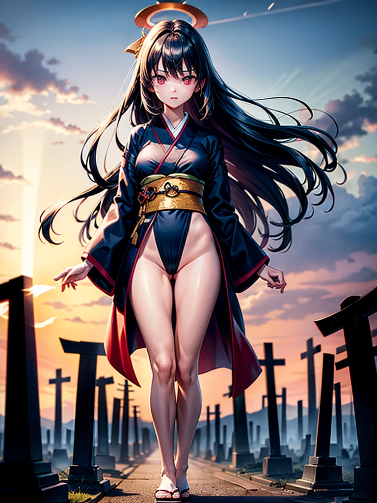 Highest Resolution,Highest quality,A beautiful girl with no expression in a kimono leotard,(((Missing legs))),High leg,Floating in the air,Very beautiful red eyes,Black hair semi-long hair,Halo,thunderstorm,Bad weather,Japanese Cemeteries,A road lined with gravestones,1Two Red Torii Gates,Company,Bamboo grove,lightning,Lightning strikes,whole body,up,front,