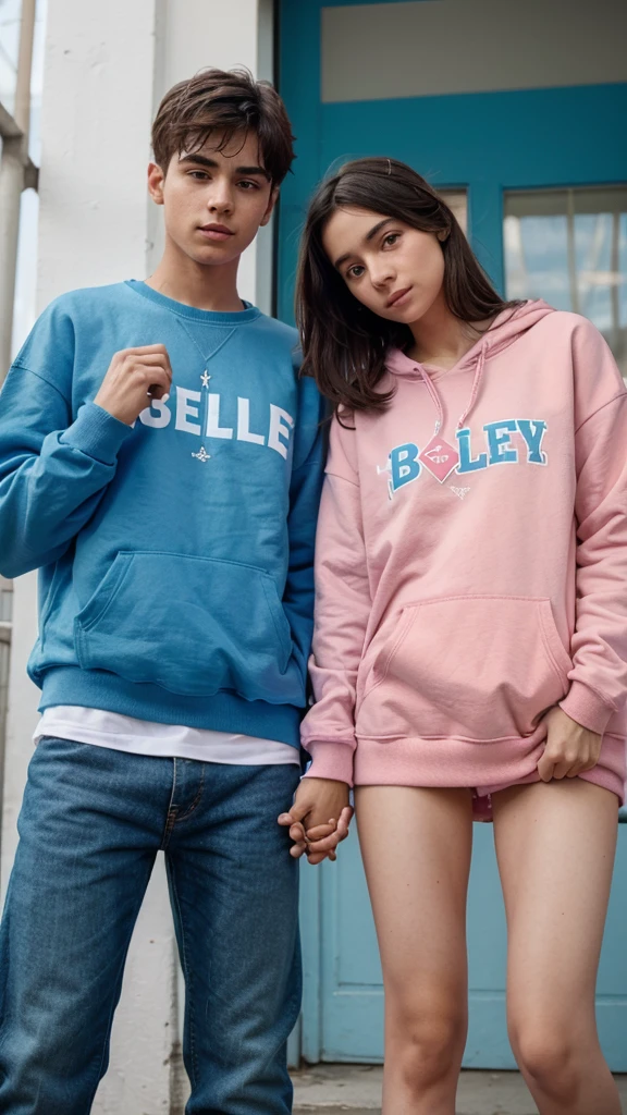 boy and girl holding hands. The boy in the blue sweatshirt and the name written text "Abel" written on the sweatshirt and the girl in the pink sweatshirt with the name Estela