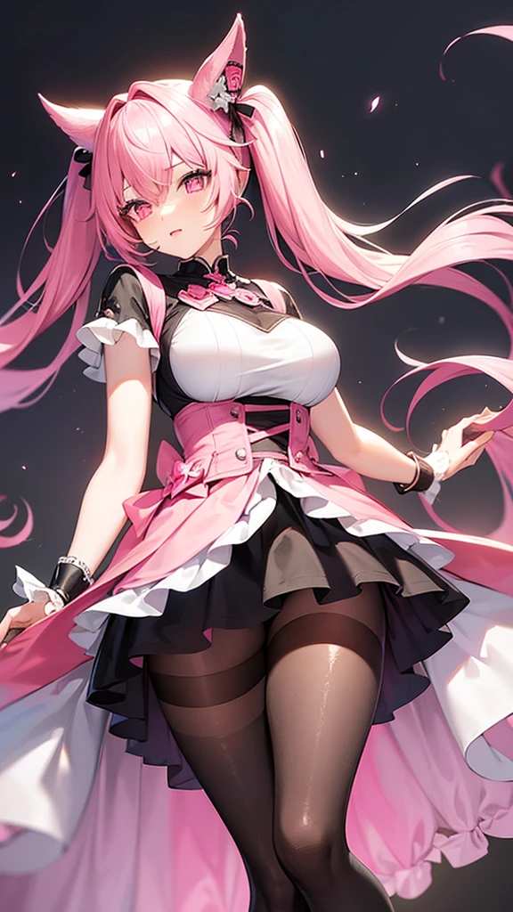 (Highest quality,Super detailed,girl),black tights,Pink Hair,Height: 160cm,cute,Pink Eyes,Twin tails,Big Breasts,I'm wearing a pink skirt,Her eyes are white and shining,Has bright white eyes,Crying face,Tears are flowing from the eyes,