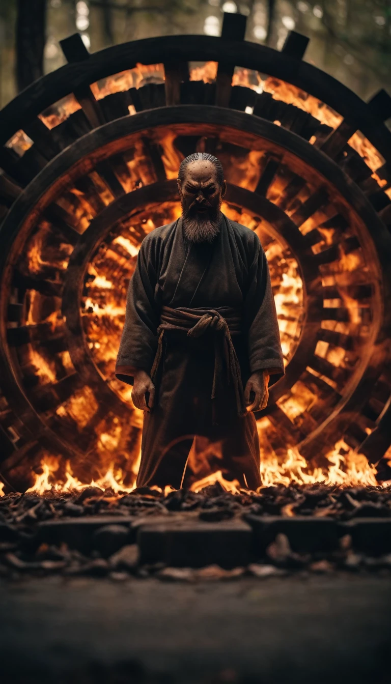 8k,Horror movie photos,Face in the Wheel,The wheels are on fire,A severed head in the middle of the wheel,No body,Beard on face,The background is a Japanese shrine,Shallow depth of field, Vignette, Very detailed, High budget, Bokeh, CinemaScope, Sulky, amazing, nice, Film Grain, Creepy, Anxious, dark, Creepyな, Suspenseful, strict, Very detailed 情報