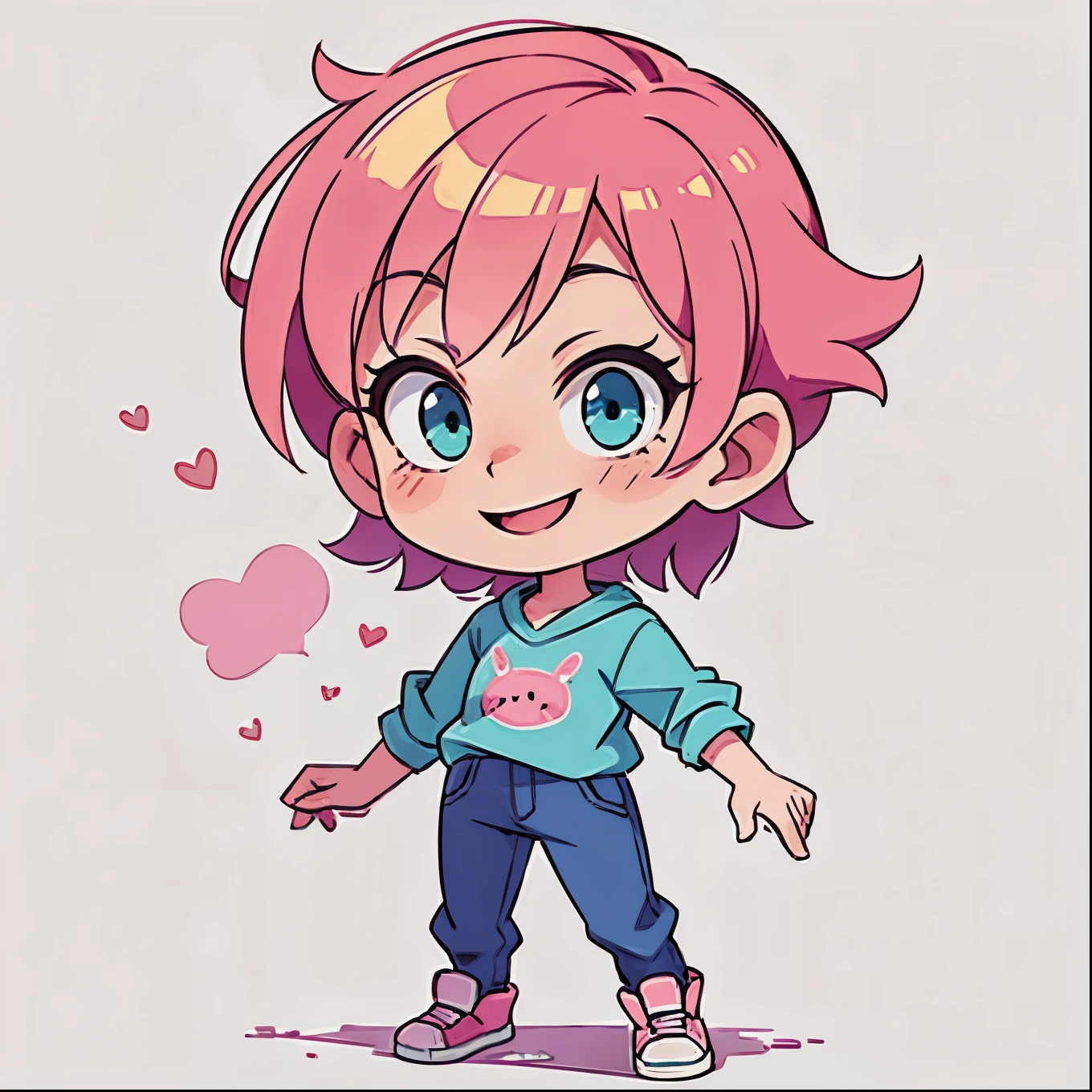 smile、Pink hair、Blue-green eyes、Simple clothes