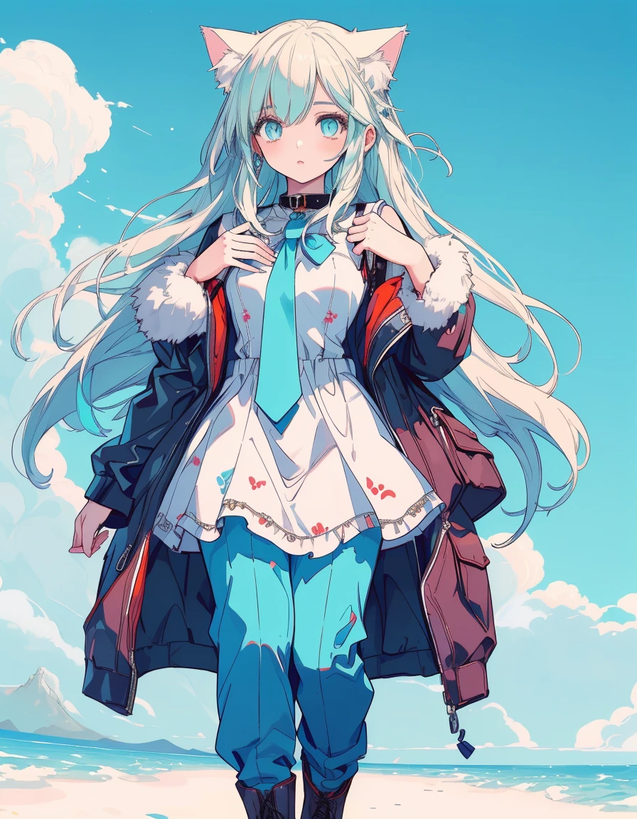 jumpsuit, full body, ((masterpiece, best quality:1.5)), ((Beautiful detailed cat aqua eyes:1.2)), cat ears, pale skin, medium breasts, beautiful hands, beautiful fingers, EasyNegative