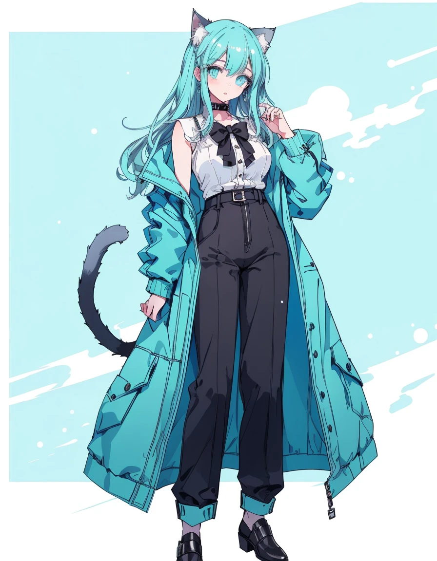 jumpsuit, full body, ((masterpiece, best quality:1.5)), ((Beautiful detailed cat aqua eyes:1.2)), cat ears, pale skin, medium breasts, beautiful hands, beautiful fingers, EasyNegative