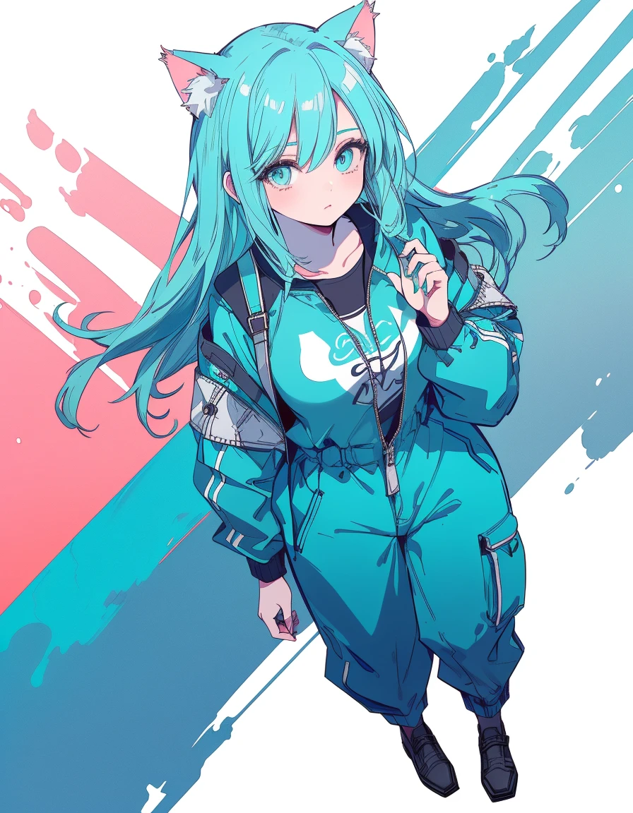 jumpsuit, full body, ((masterpiece, best quality:1.5)), ((Beautiful detailed cat aqua eyes:1.2)), cat ears, pale skin, medium breasts, beautiful hands, beautiful fingers, EasyNegative