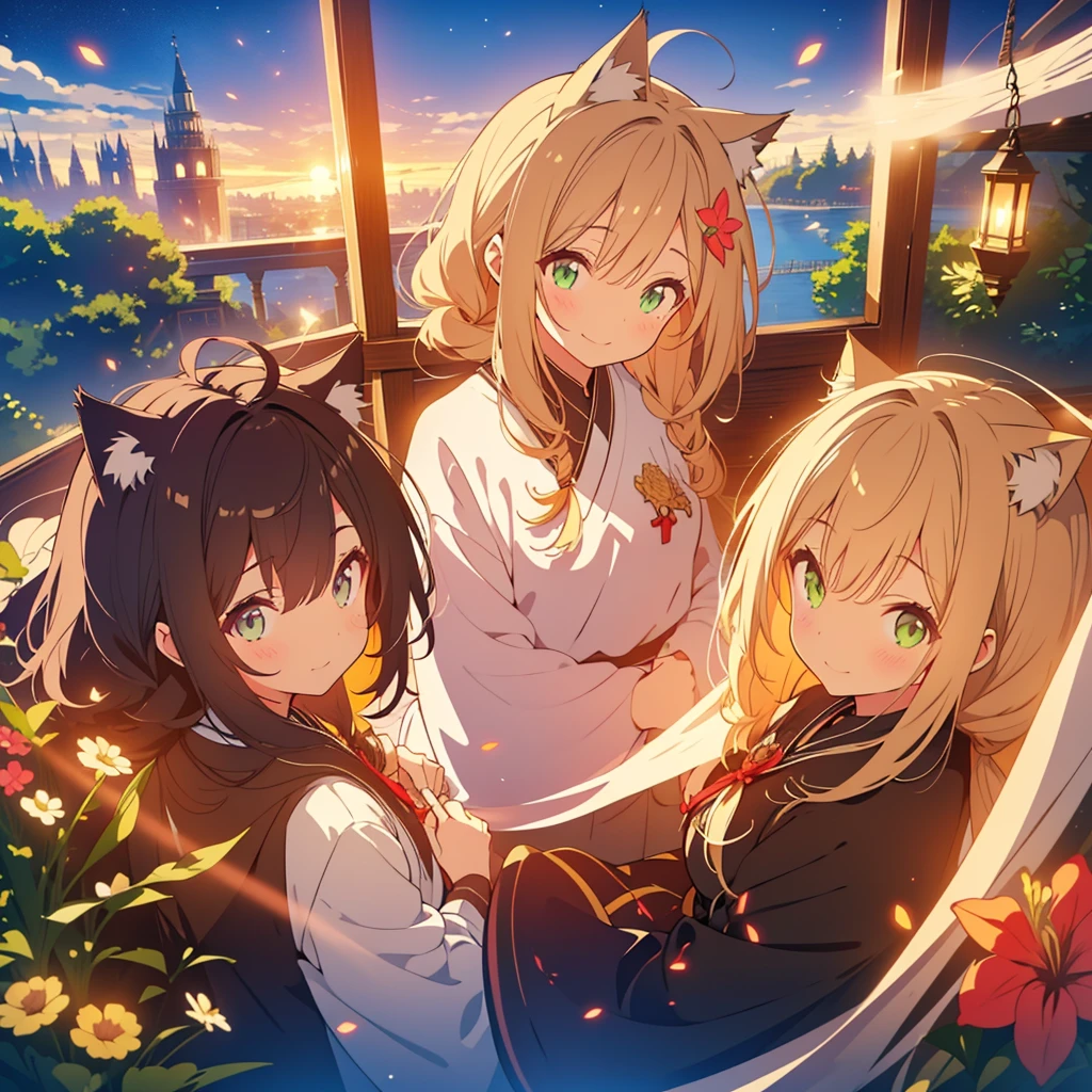 kawaii, anime, Cute, hyper quality, highly detailed, 8k, Front facing, Clarity, brown long hair, green eyes, smile, whole body, Cat ear, amaryllis, Close your eyes and smile with your mouth open, fly in the sky, good sisters, Cat ears stick out from the witch's hat, witch's black robe, fantasy, fog effect, particles of light, Uplifting, magically floating in the air, bird's eye view, flower blooming hill, colorful amaryllis, Cityscape lit with lights, starry sky, clock tower, iris, You can see the cityscape in the distance, night view, western witch, medieval cityscape, cape, amaryllis flower, magic effect, wizard's robe, cat ears, The older sister has green eyes and the younger sister has golden eyes., 