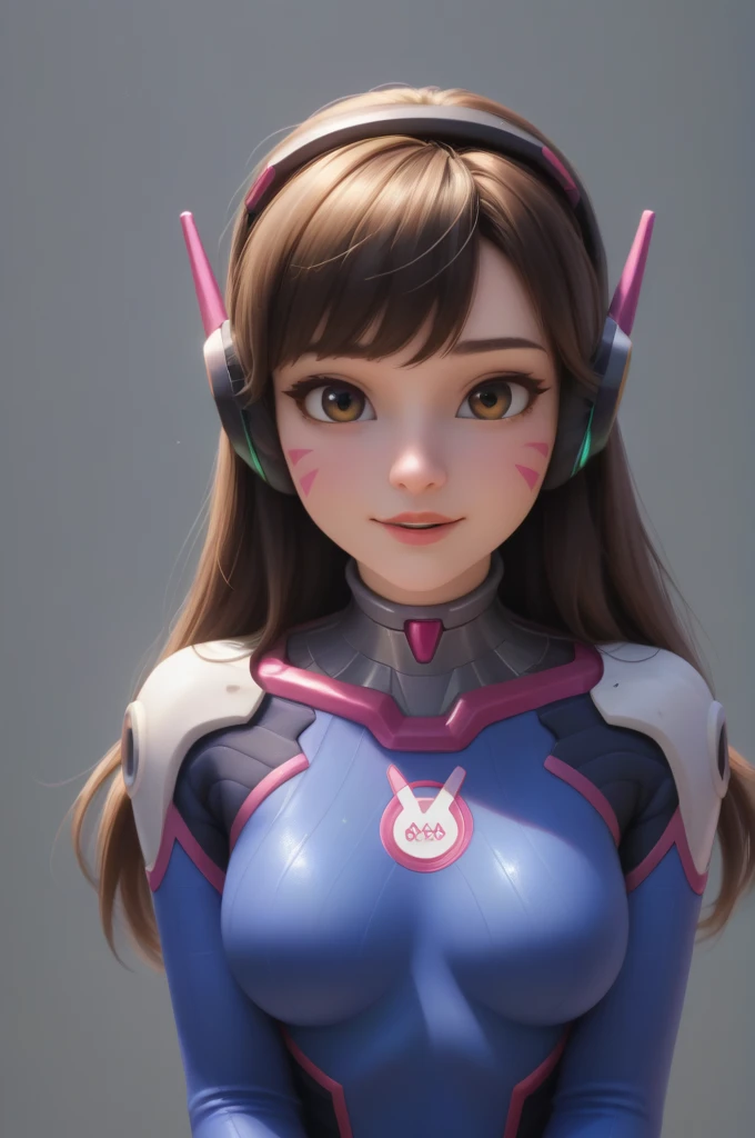 score_9, score_8_up, score_8, , (masterpiece, best quality, highres:1.2), (intricate and beautiful:1.2), (beautiful detailed eyes:1.2), detailed light, (soft lighting, side lighting, reflected light), (upper body portrait), (centered), (award winning composition), 1girl, 22 years old, d.va, looking at viewer, wide smile, parted lips, light freckles, long hair, brown hair, headphones, whisker markings, shoulder pads, blue bodysuit, ribbed bodysuit, animal print, clothes writing, long sleeves, white gloves, medium breasts, (skindentation), pale, (lustrous skin) head tilt, sitting, (v arms, hands between legs, breasts squeezed together), (simple dark background:1.2) ,disney pixar style