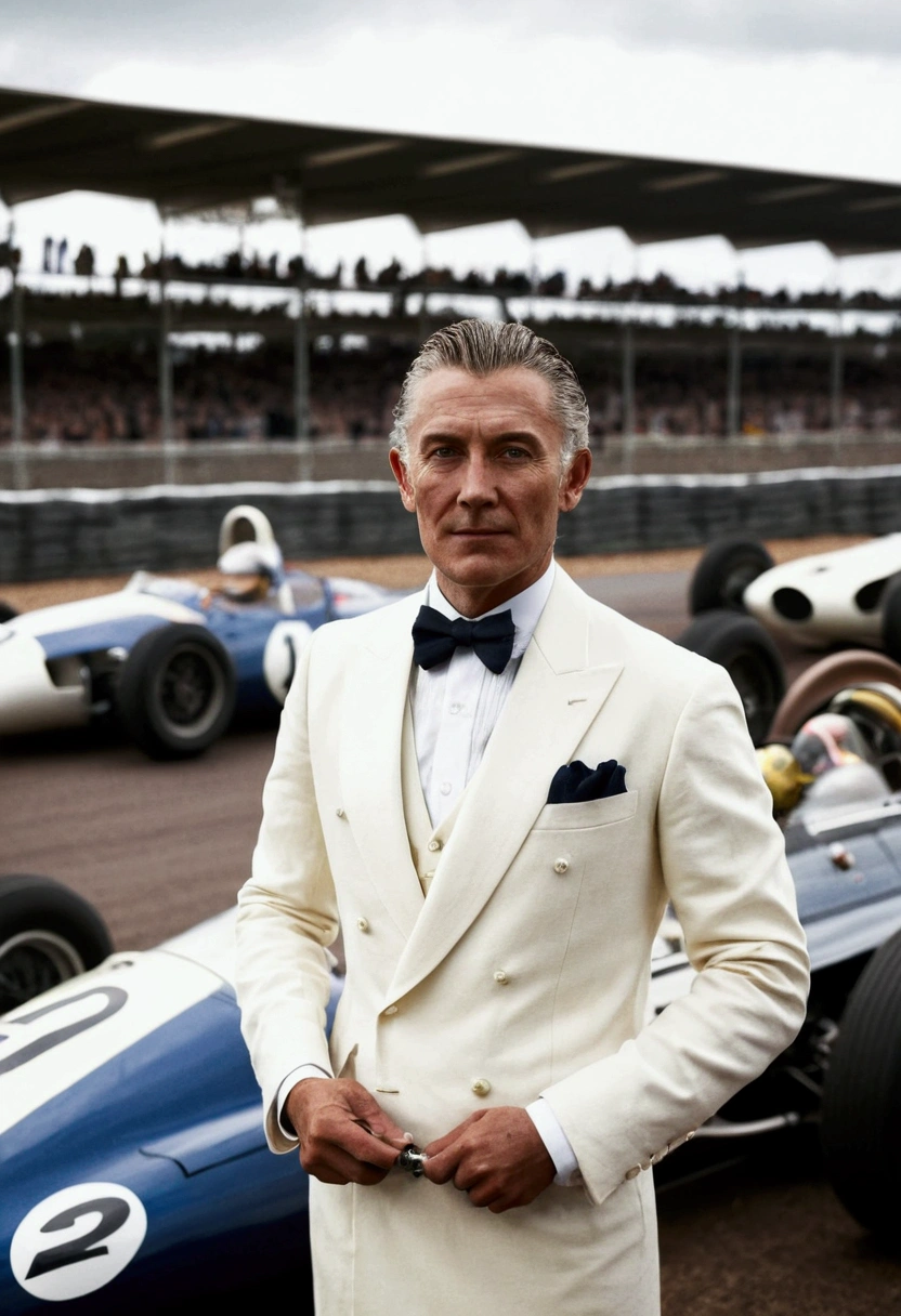 gentleman with a racing car in background