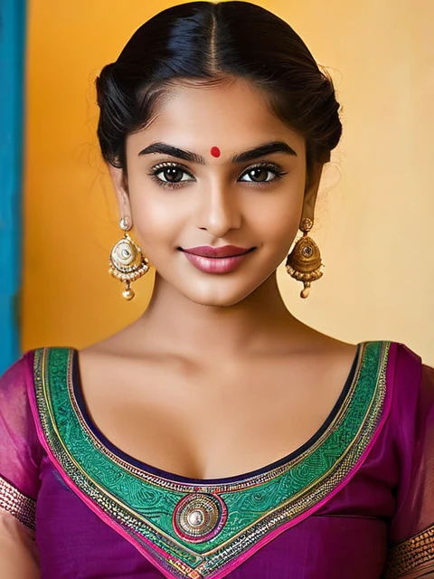 Maya is 18 year old indian girl. Maya stands tall at 70 inches (178 cm) and weighs 180 pounds (82 kg). Her chest measures 44 inches (112 cm), waist 38 inches (97 cm), and hips 46 inches (117 cm). She has intense hazel eyes that reflect her strong spirit, framed by thick, naturally arched eyebrows. Her broad and prominent nose adds to her distinctive look. Maya's full, expressive lips often wear a confident smile. Her medium-sized ears are adorned with simple earrings. Her thick, wavy, dark brown hair is often styled in a loose bun. Her deep tan skin tone gives her a powerful presence. Maya's tall and robust build commands attention, and her warm smile makes her approachable and friendly